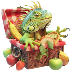 Wall Mural - Curious iguana inspecting picnic basket filled with various fruits and sandwiches on transparent background.