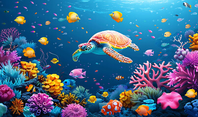 Wall Mural - turtle with group of colorful fish and sea animals with colorful coral underwater in ocean. Generative Ai