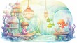 Wonder kids creating a secret underwater base, filled with inventions and guarded by sea creatures  watercolor tone, pastel, 3D Animator