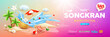 Songkran water festival thailand sale, colorful flowers in a water bowl water splashing, tropical coconut tree, pile of sand on sand beach, banner design colorful background, EPS 10 Vector illustratio