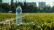 water in the plastic bottle near the green tree on the stadions