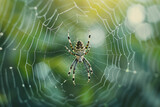 Fototapeta Tulipany - A spider lingers in the center of a delicate web, dew highlighting its patterns