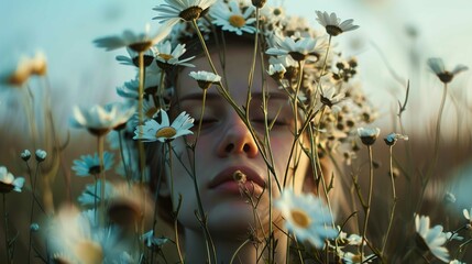 Wall Mural - A face appears to be gently resting amongst a field of daisies, dominated by a soft, golden light that suggests a time around sunset or sunrise. The person's eyes are closed, and their facial expressi