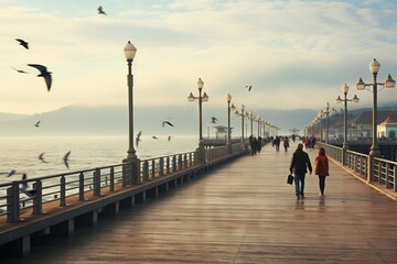 Wall Mural - A coastal pier with people strolling