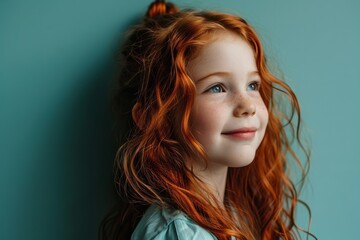 Portrait of a cute little red-haired girl with freckles.