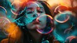 A young woman with dark hair is seen up close, pouting her lips as if to blow a bubble. Surrounding her are several iridescent soap bubbles floating in the air, creating a whimsical and colorful atmos