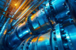 Large powerful gas and water pipes in a technical room, industrial background