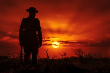 Wall Mural - A soldier's silhouette against a setting sun