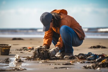 Canvas Print - Volunteer Cleaning Sandy Shore