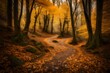 A meandering trail through a forest, with the ground covered in a blanket of fallen leaves.