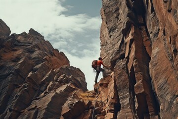 Wall Mural - Hiker climbing a challenging rock face