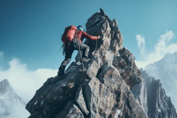 A close-up of a climber reaching the summit of a challenging peak