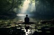 A contemplative reflection of a person meditating by a quiet pond