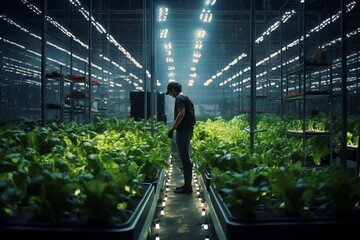 Wall Mural - A dystopian farmer growing crops indoors under artificial light