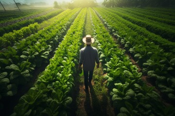Wall Mural - A fluid motion shot of a farmer inspecting rows of organic crops