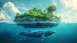 island in the middle of the ocean, with green vegetation and white rocks on the top part floating above the water level, under which is a giant Blue whale swimming underwater.