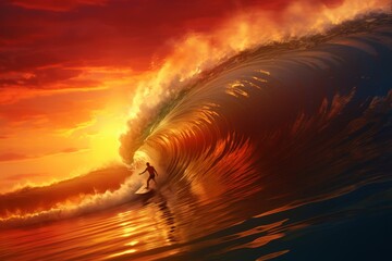 Wall Mural - A surfer catching a wave at sunrise