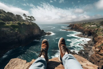 Wall Mural - A traveler's feet dangling over a cliff's edge