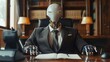 © เลิศลักษณ์ ทิพชัย - A robot businessman with a sharp business suit sits confidently at an executive desk in a luxurious office. An Android robot businessman in a stylish CEO outfit sits in the executive office.