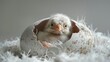A cute little newborn baby bird hatches from an egg and lies in the egg against a plain gray background in the studio.