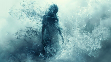 digital illustration drawing of evanescent human shape, an invisible ghost man coming out if smoke in white background