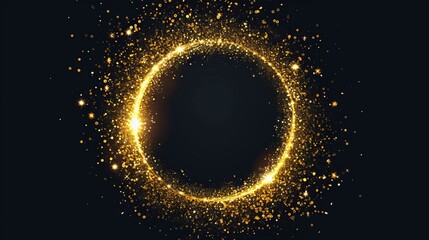 Wall Mural - A hyper-realistic gold glitter circle, intense light shine, dense golden sparkles tightly packed in a perfect circle frame, against a deep black background, AI Generative