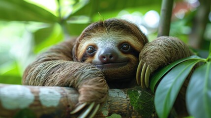 Wall Mural - A sloth in the midst of a leisurely scratch, hanging nonchalantly on a tree branch, AI Generative