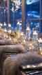 A lavish winter wedding at an elegant hotel with silver, gold decorations, candlelight, fur throws, and modern patterns