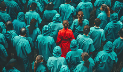 A woman in red stands out among a crowd of people dressed in turquoise, in a full-length photo taken from a top view.