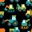 Cute little cars, truck. Cartoon cars adventures. Flat vector seamless pattern