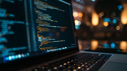 Wall Mural - close up of software code on laptop, modern technology software development background