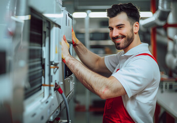 Wall Mural - Male technician repairs an air conditioner indoors.