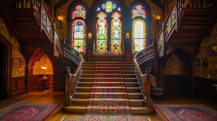 Wall Mural - As one enters the grand foyer of this Gothic Revival home their eyes are immediately drawn to the elaborate stained glass window above the staircase. The vibrant colors and geometric .