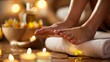 A photo of a peaceful foot massage in a spa, hands applying fragrant oil, with soft towels and a water basin in the background