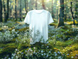 White Bella Canvas Tshirt mock up in greenery, leaves and flowers, over the nature background, eco product advertisement. shirt