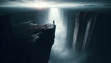 A lone figure stands at the edge of a precipice, overlooking a vast chasm or abyss, symbolizing the imminent risk and the thin line between safety and danger.