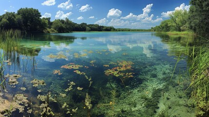  Panoramic view of a crystal-clear lake surrounded by lush greenery, with vibrant aquatic plants visible beneath the surface