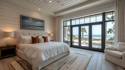 Wall Mural - Bedroom - Beach house - wrm white with stained wood trim - meticulous symmetry - coastal design - casual flair - windows