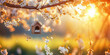 Experience the serene beauty of a white flowering tree in an idyllic spring garden, complete with a hanging birdhouse decoration. AI generative .