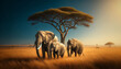 Three African elephants walking in the golden grass of the savannah. They are grazing peacefully with a solitary acacia tree
