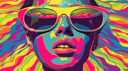 Wall Mural - Woman with sunglasses and a vivid, colorful wave pattern in the background.