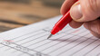 © RISHAD - Hand holding a red pen makes a mark in a checkbox on a survey or a list, symbolizing decision and choice.