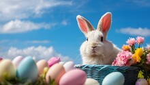 A Fluffy White Bunny With Floppy Ears And A Colorful Easter Basket Filled With Pastel Eggs, Surrounded By Blooming Flowers And A Bright Blue Sky.