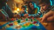 Family playing board game at home, quality time, indoor leisure activity.