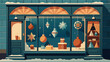 A storefront display of handmade decorations each unique and eyecatching. From handpainted glass baubles to crocheted snowflakes to wooden