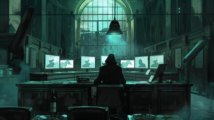 Poster - A dark and haunted courtroom with long shadows hovering over the scene. The center stage under the courthouse's iconic arch features a mysterious man wearing a tailored suit and hat that exudes a hack