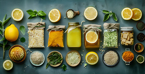 A variety of spices and herbs are displayed on a countertop