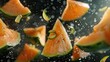 A dynamic composition of melon slices being tossed in the air