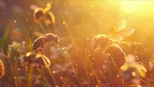 Bee Flying Over A Bunch Of Flowers. Beautiful Sunset Or Dawn With A Yellow Sky. Generative AI.