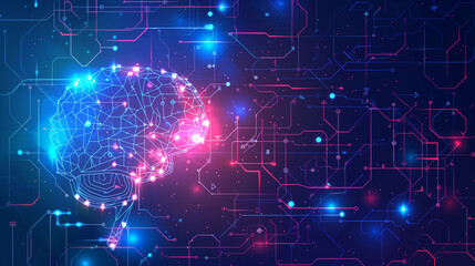 A brain is shown in a purple and blue background with a lot of lines. The brain is surrounded by a lot of lines and he is a computer generated image. Scene is somewhat abstract and futuristic